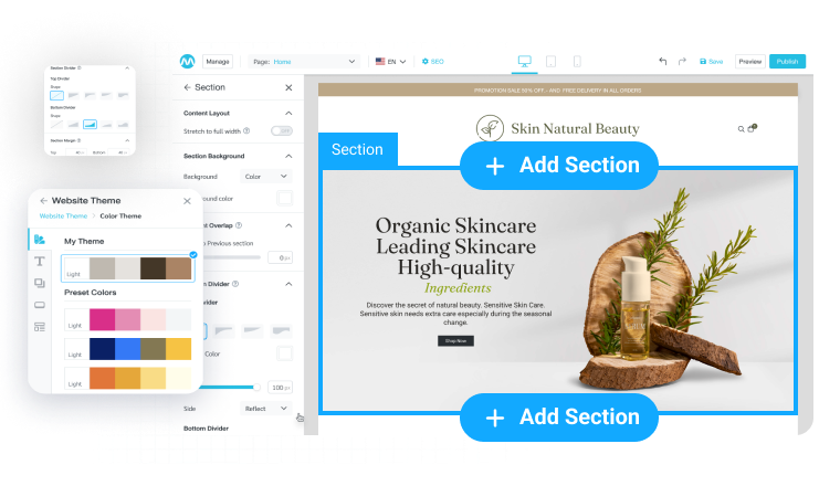 จุดเด่นสำคัญของฟีเจอร์การออกแบบเว็บไซต์สวย สามารถออกแบบ layout ได้หลากหลาย เพียงคลิกลากวาง บนระบบทำเว็บไซต์สำเร็จรูป MakeWebEasy Version4